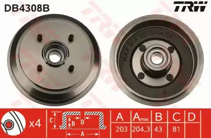 DB4308B TRW Тормозной барабан DB4308B TRW Тормозной барабан