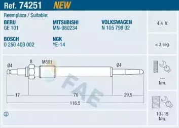 74251 FAE Свеча накаливания 74251 FAE Свеча накаливания