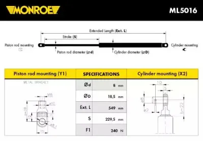 ML5016 MONROE Газовая пружина, крышка багажник ML5016 MONROE Газовая пружина, крышка багажник