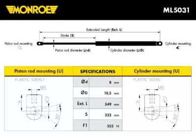 ML5031 MONROE Газовая пружина, крышка багажник ML5031 MONROE Газовая пружина, крышка багажник