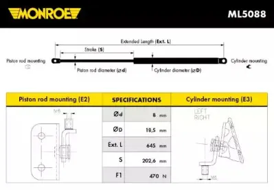 ML5088 MONROE Газовая пружина, крышка багажник ML5088 MONROE Газовая пружина, крышка багажник