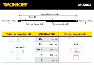 ML5605 MONROE Газовая пружина, крышка багажник ML5605 MONROE Газовая пружина, крышка багажник