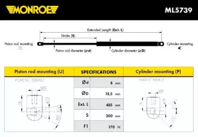 ML5739 MONROE Газовая пружина, капот ML5739 MONROE Газовая пружина, капот