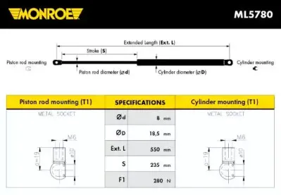 ML5780 MONROE Газовая пружина, крышка багажник ML5780 MONROE Газовая пружина, крышка багажник