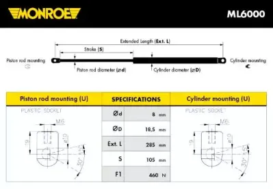 ML6000 MONROE Газовая пружина, капот ML6000 MONROE Газовая пружина, капот