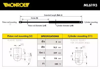 ML6193 MONROE Газовая пружина, капот ML6193 MONROE Газовая пружина, капот