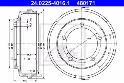 24.0225-4016.1 ATE Тормозной барабан 24.0225-4016.1 ATE Тормозной барабан