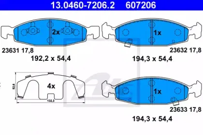 13.0460-7206.2 ATE Комплект тормозных колодок, дисковый тормоз 13.0460-7206.2 ATE Комплект тормозных колодок, дисковый тормоз