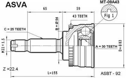 MT-09A43 ASVA Шарнирный комплект, приводной вал MT-09A43 ASVA Шарнирный комплект, приводной вал