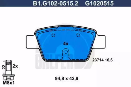 B1.G102-0515.2 GALFER Комплект тормозных колодок, дисковый тормоз B1.G102-0515.2 GALFER Комплект тормозных колодок, дисковый тормоз
