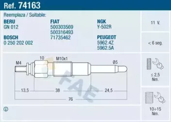 Свеча накаливания 74163 FAE