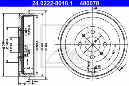 24.0222-8018.1 ATE Тормозной барабан