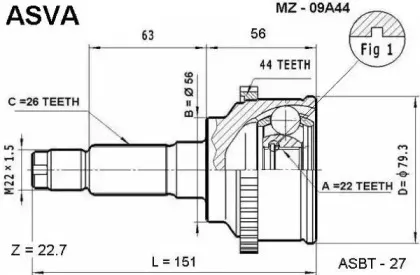 MZ-09A44 ASVA Шарнирный комплект, приводной вал