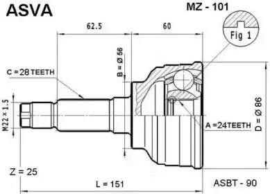 MZ-101 ASVA Шарнирный комплект, приводной вал