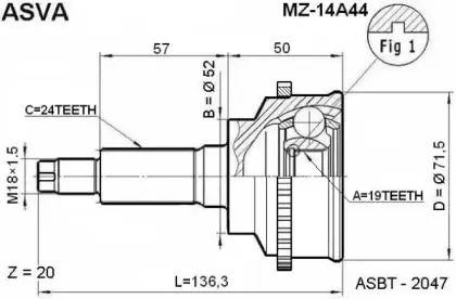 MZ-14A44 ASVA Шарнирный комплект, приводной вал