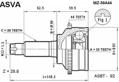 MZ-39A44 ASVA Шарнирный комплект, приводной вал
