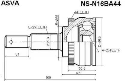 NS-N16BA44 ASVA Шарнирный комплект, приводной вал