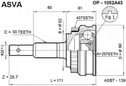 OP-1052A43 ASVA Шарнирный комплект, приводной вал
