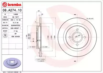 08.A274.10 BREMBO Тормозной диск