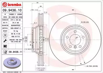 09.9436.10 BREMBO Тормозной диск