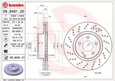 09.9481.21 BREMBO Тормозной диск