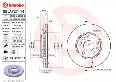 09.A727.14 BREMBO Тормозной диск